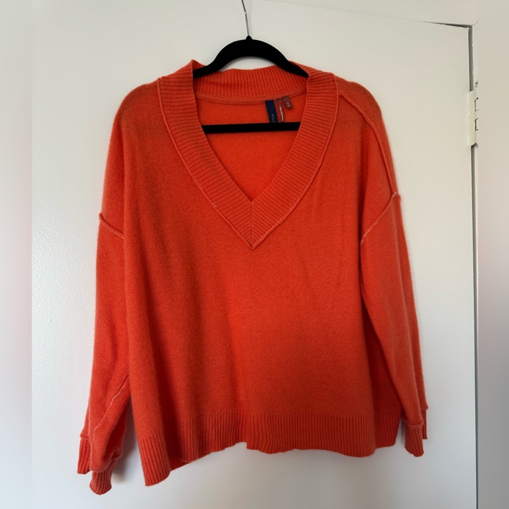 Anthrologie Pilcro 100% Cashmere Seamed V-neck Orange Sweater Size M